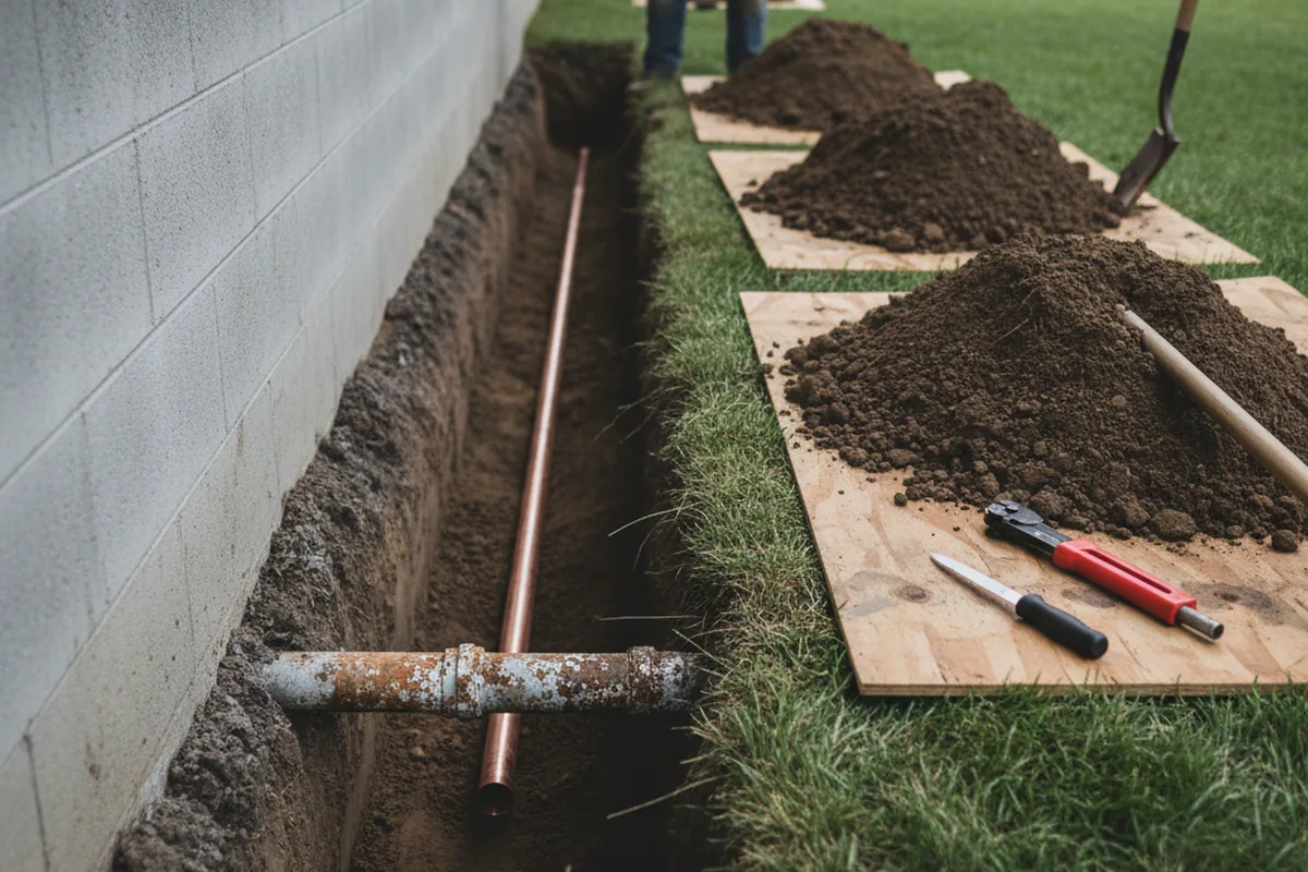 Excavated water line trench during Sewer Line Repair in Galien